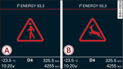 Instrument cluster: -A- pedestrian warning/ -B- wild animal warning if night vision assist is not selected